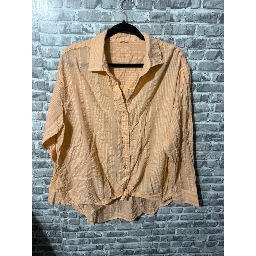 Aerie Peach Orange Seersucker Button Down Front Tie Shirt Small